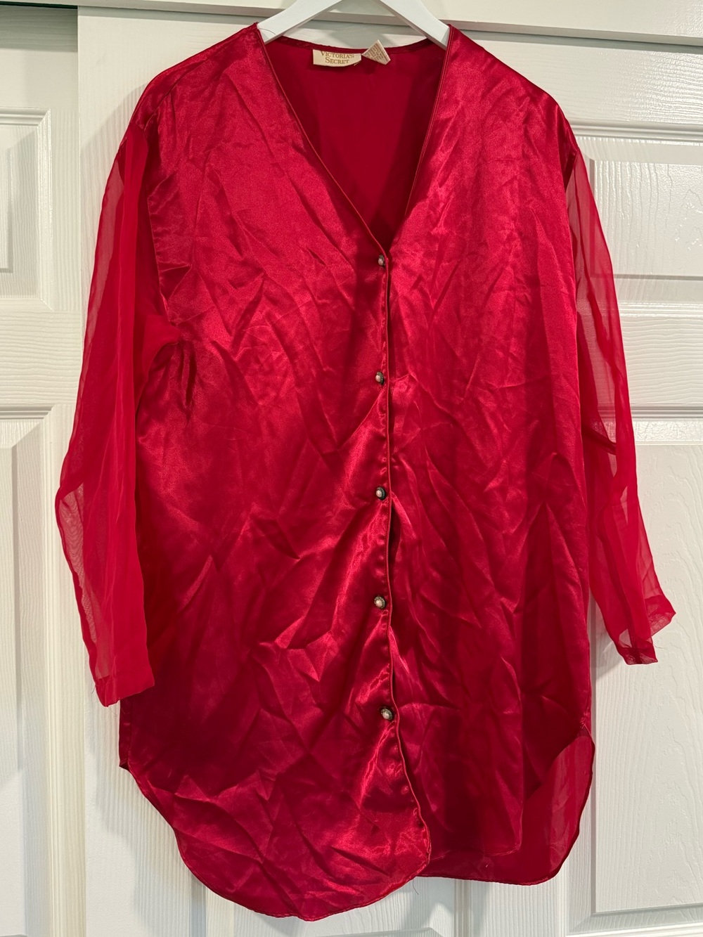 Victoria Secret Vintage Gold Label Hot Pink Sheer Long Sleeve Nightgown